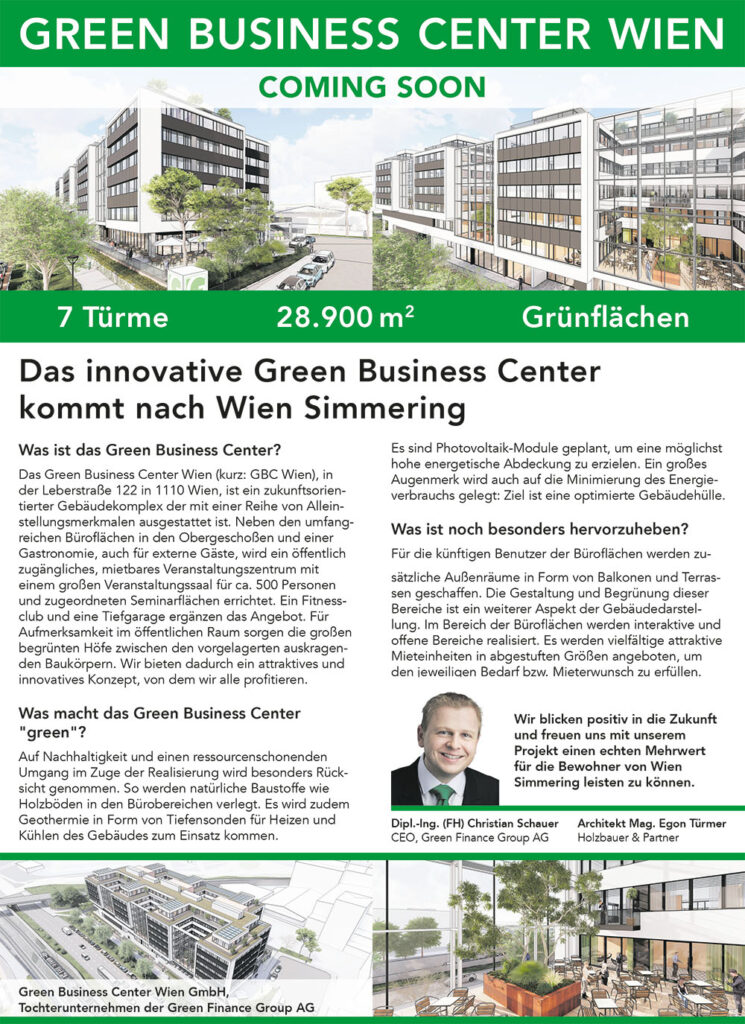 Redaktionelles Interview zum Green Business Center Wien mit Christian Schauer, CEO der Green Finance Group AG